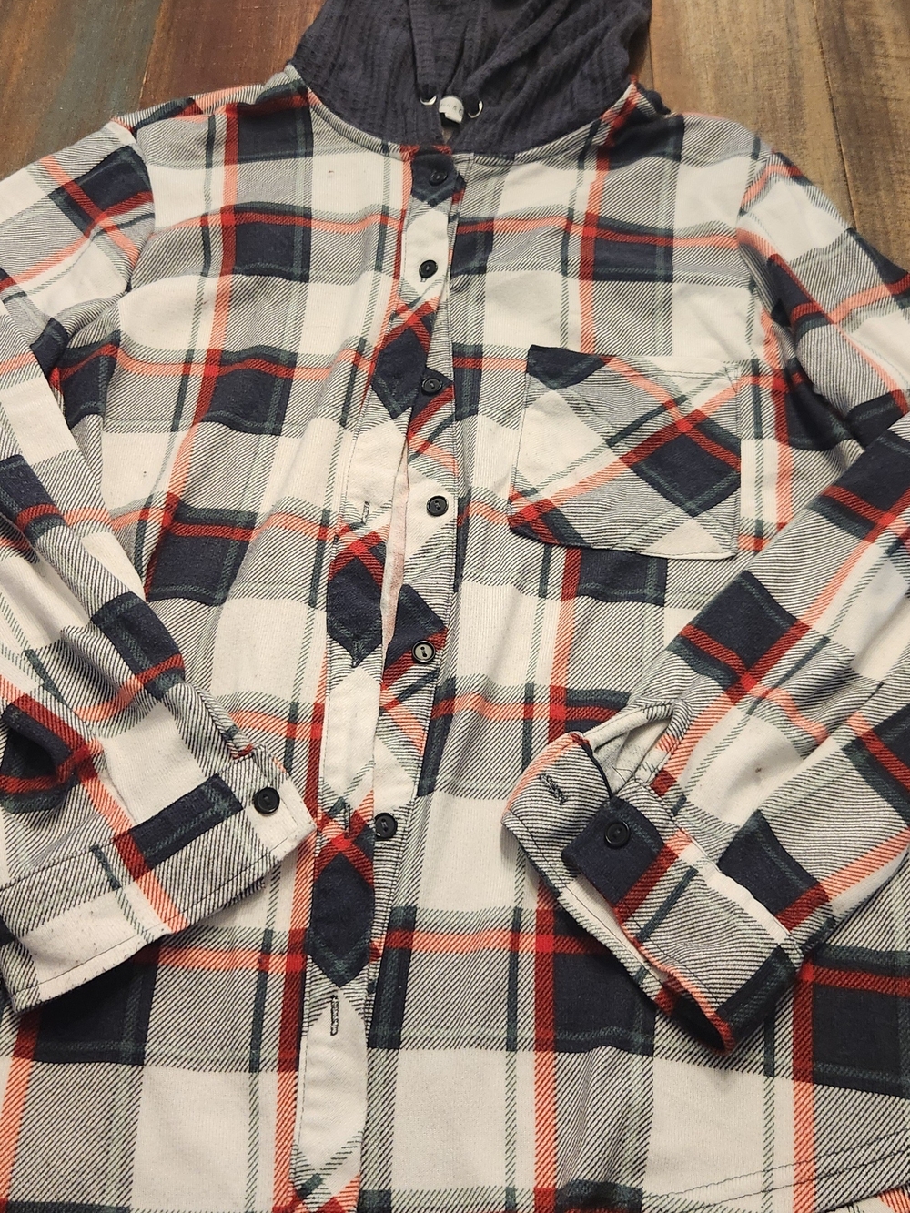 Womans Plus Hooded Plaid Flannel Shirt - Navy & White with Red Accents